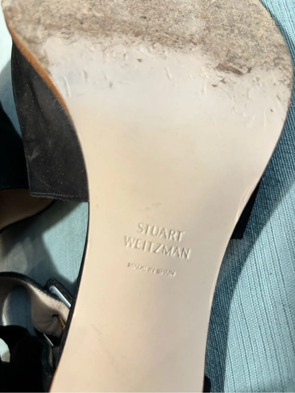 Stuart Weitzman Black Suede Open-Toe Block Heel Sandals with Buckle 9
